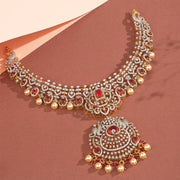 Silver and CZ Necklace with Peacock Design Pendant and Pearl Hangings