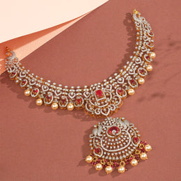 Silver and CZ Necklace with Peacock Design Pendant and Pearl Hangings