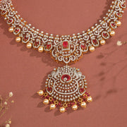 Silver and CZ Necklace with Peacock Design Pendant and Pearl Hangings