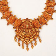 Temple Silver Haaram with Lakshmi Devi and Leaf Highlights