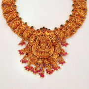Divine Temple Silver Lakshmi Devi Necklace with Floral Highlights