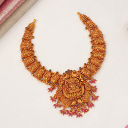 Divine Temple Silver Lakshmi Devi Necklace with Floral Highlights