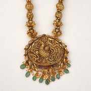 Antique Silver Haaram with Peacock Pendant and Ruby Potas