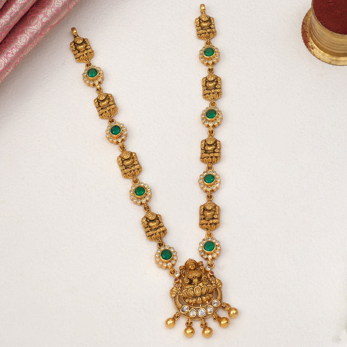 Silver Antique Haaram with Emeralds and Lakshmi Devi Detailing – Padmam