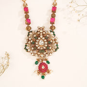Silver Stone Necklace with Floral Kundan Pendant