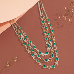 Silver and CZ Stepped Haaram with Emerald Highlights