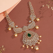 Silver and CZ Necklace with Emerald Highlight and Pearl Hangings