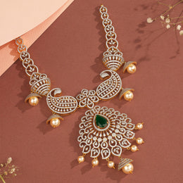 Silver and CZ Necklace with Emerald Highlight and Pearl Hangings