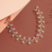 Silver and CZ Floral Necklace with Drop-Shaped Stone Highlights