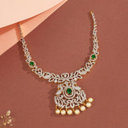 Silver Peacock Necklace with CZs and Pearl Hangings