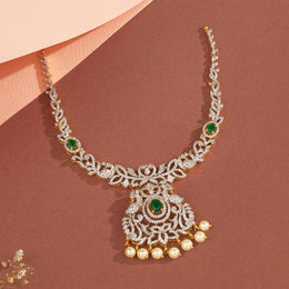 Silver Peacock Necklace with CZs and Pearl Hangings