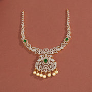 Silver Peacock Necklace with CZs and Pearl Hangings