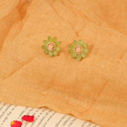 Silver Floral Earrings with Green and Pink Moissanite Stones
