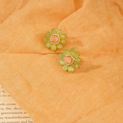 Silver Floral Earrings with Green and Pink Moissanite Stones