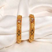 Traditional Silver Bangles with Leaf Engravings & Coloured Stone Highlights
