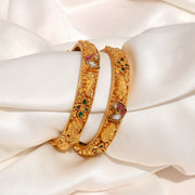 Traditional Silver Bangles with Leaf Engravings & Coloured Stone Highlights
