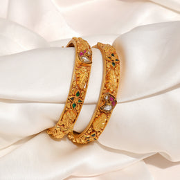 Traditional Silver Bangles with Leaf Engravings & Coloured Stone Highlights