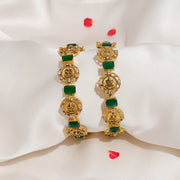 Temple Finish  Antique Lakshmi Devi Coin Bangles with Emerald Highlights