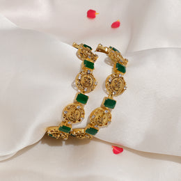 Temple Finish  Antique Lakshmi Devi Coin Bangles with Emerald Highlights