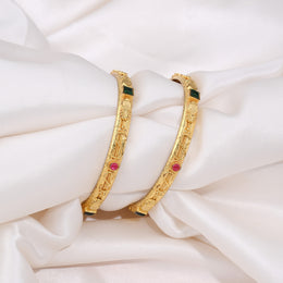 Classic Engraved Gold Bangles with Ruby and Emerald Stone Details