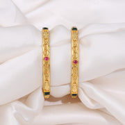 Classic Engraved Gold Bangles with Ruby and Emerald Stone Details