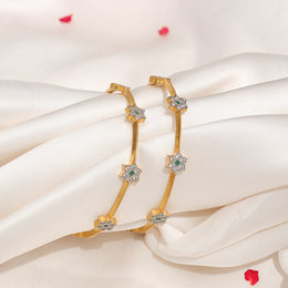 Regal Silver Floral CZ Bangles with Green Stones