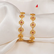Radiant Silver Floral CZ Bangles with Red Stone Highlights