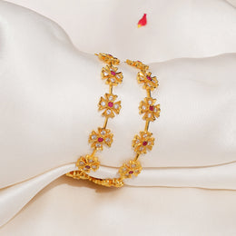 Radiant Silver Floral CZ Bangles with Red Stone Highlights