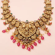 Antique Floral Temple Choker with Ruby Bead and Pearl Drops