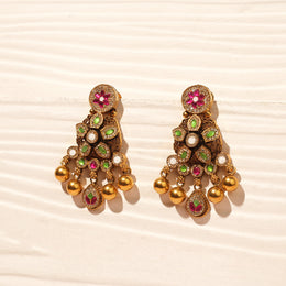 Silver and Kundan Earrings with Gold Bead Hangings