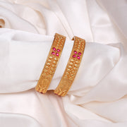 Ethnic Silver Bangles with Leaf Design & Red Stone Highlihjts
