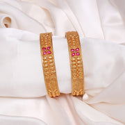 Ethnic Silver Bangles with Leaf Design & Red Stone Highlihjts