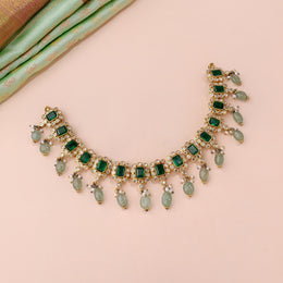 Emerald Kundan Necklace with Polki and Green Bead Drops