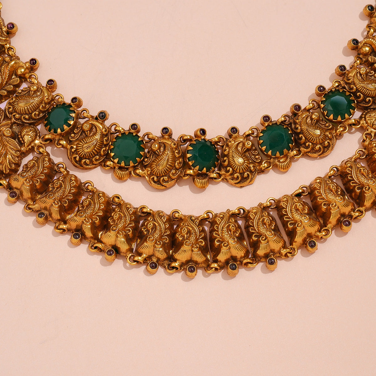 Twin Layered Silver Necklace in Antique Finish with Emerald Accents ...