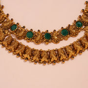 Twin Layered Silver Necklace in Antique Finish with Emerald Accents