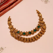 Twin Layered Silver Necklace in Antique Finish with Emerald Accents