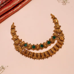 Twin Layered Silver Necklace in Antique Finish with Emerald Accents