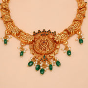 Nature-Inspired Temple Silver Parrot and Lakshmi Necklace