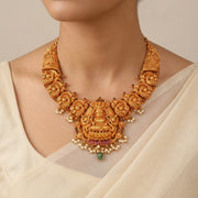 Heavy Temple Silver Necklace with Lakshmi Devi Highlight