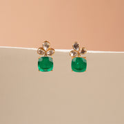 Simple Silver Green Square Shaped Earrings with Kundan Stones