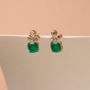 Simple Silver Green Square Shaped Earrings with Kundan Stones