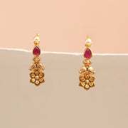 Red Stone and Pearl Earrings with Gold Plated Floral Hanginigs