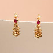 Red Stone and Pearl Earrings with Gold Plated Floral Hanginigs