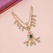 Elegant Polki Necklace with Emerald Centerpiece and Jade Bead Drops