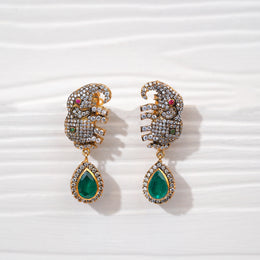 Silver Elephant Design Earrings with Emeralds