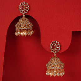 Silver CZ Studded Jhumkas with Pearl Hangings and Moissanite Stones