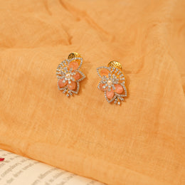 Party Wear Silver Earrings with Pink Stones and Floral Design