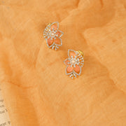 Party Wear Silver Earrings with Pink Stones and Floral Design