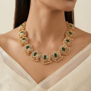 Intricate CZ and Silver Necklace with Green Stone Highlights