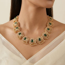 Intricate CZ and Silver Necklace with Green Stone Highlights